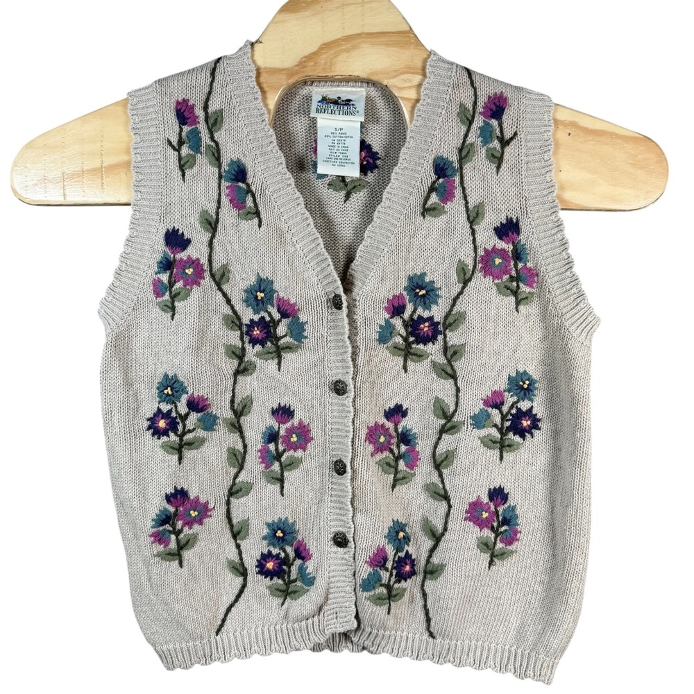 Northern Reflections Floral Sweater Vest Womens Small Beige Knit Vtg Cottagecore
